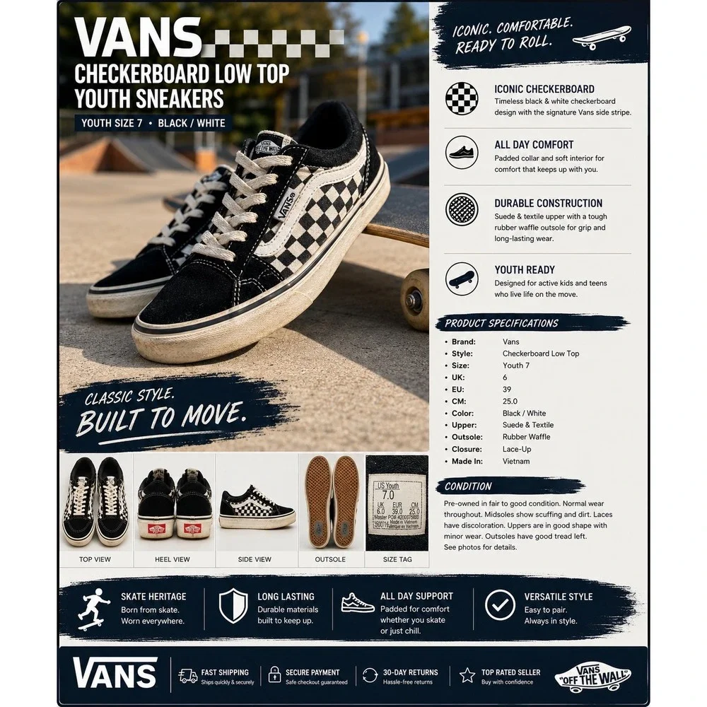 Vans Youth Size 7 Black White Checkerboard Suede Low Top Skate Sneakers Shoes